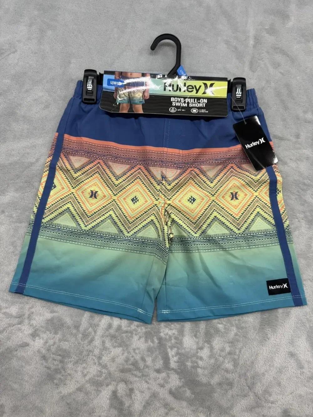 Hurley Boys Geometric Swim Shorts Blue Pink White L (10/12) Drawstring Stretch